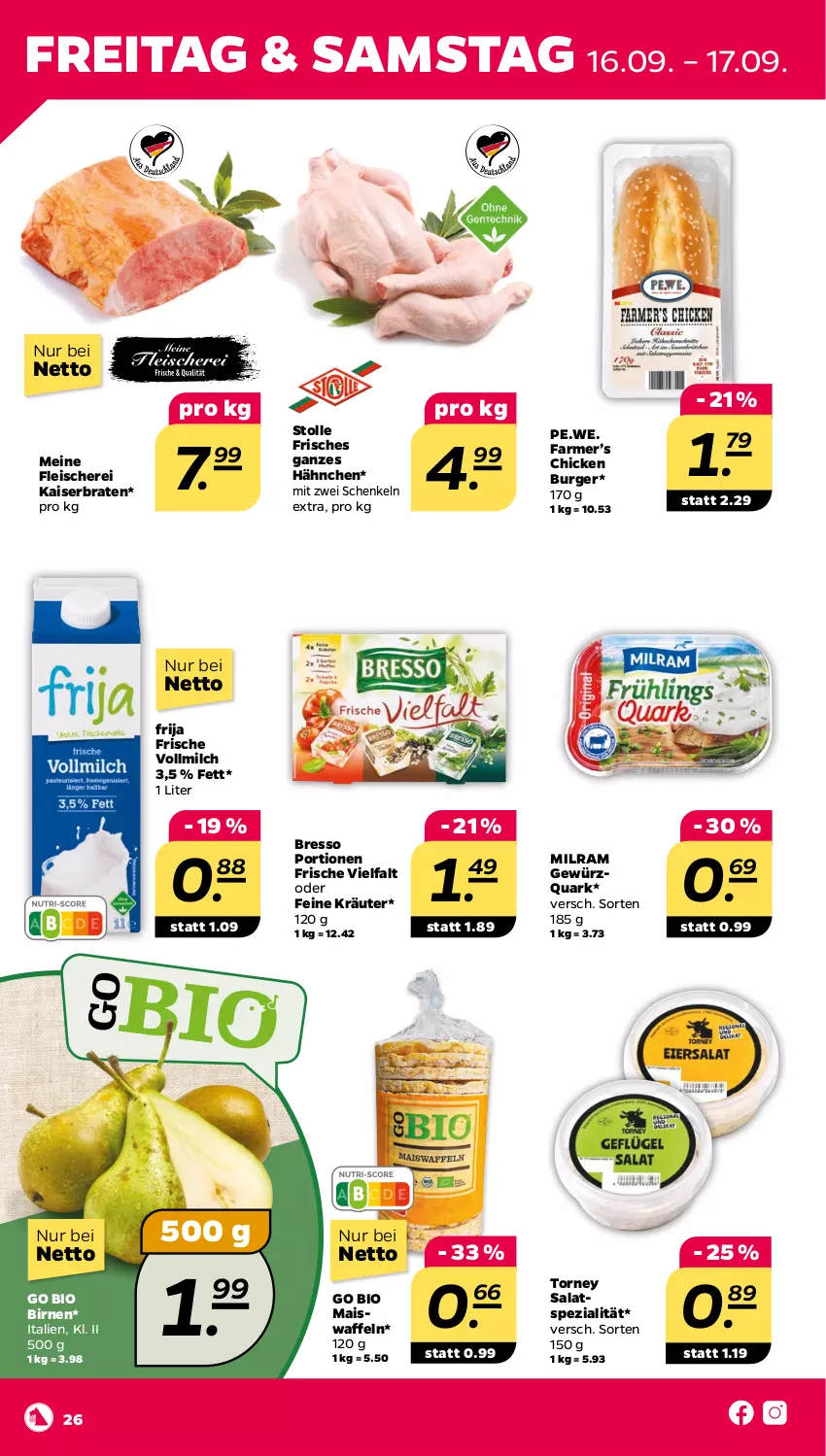 Aktueller Prospekt Netto - Woche 37 - von 12.09 bis 17.09.2022 - strona 26 - produkty: bio, Birnen, braten, bresso, burger, eis, fleisch, Fleischerei, gewürz, gewürzquark, henkel, Kaiser, kräuter, mais, Maiswaffeln, milch, milram, quark, salat, schenkel, Schere, Spezi, Ti, vollmilch, waffeln