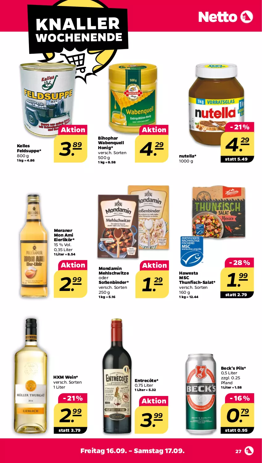 Aktueller Prospekt Netto - Woche 37 - von 12.09 bis 17.09.2022 - strona 27 - produkty: bihophar, eier, eierlikör, elle, entrecôte, fisch, hawesta, honig, likör, mehl, mondamin, nutella, pils, salat, Soße, suppe, thunfisch, Ti, wein