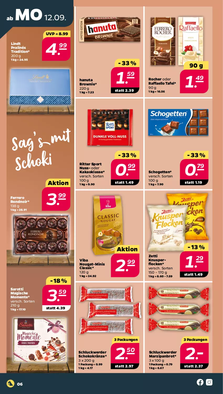 Aktueller Prospekt Netto - Woche 37 - von 12.09 bis 17.09.2022 - strona 6 - produkty: brot, brownie, ente, erde, ferrero, hanuta, kakao, Knusperflocken, lindt, marzipan, nuss, raffaello, ritter, ritter sport, saro, sarotti, schogetten, schoko, Sport, Ti