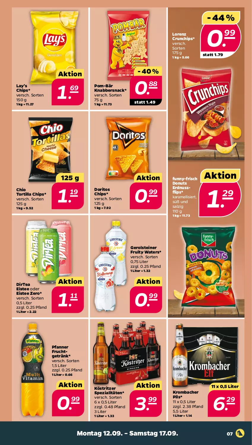 Aktueller Prospekt Netto - Woche 37 - von 12.09 bis 17.09.2022 - strona 7 - produkty: chips, crunchips, Donut, donuts, Doritos, eis, eistee, erdnuss, frucht, funny-frisch, gerolsteine, gerolsteiner, getränk, karamell, KnabberSnack, köstritzer, krombache, krombacher, krombacher pils, lorenz, lorenz crunchips, nuss, pfanne, Pfanner, pils, pom-bär, salz, snack, Spezi, steiner, tee, Ti, tortilla, Tortilla Chips