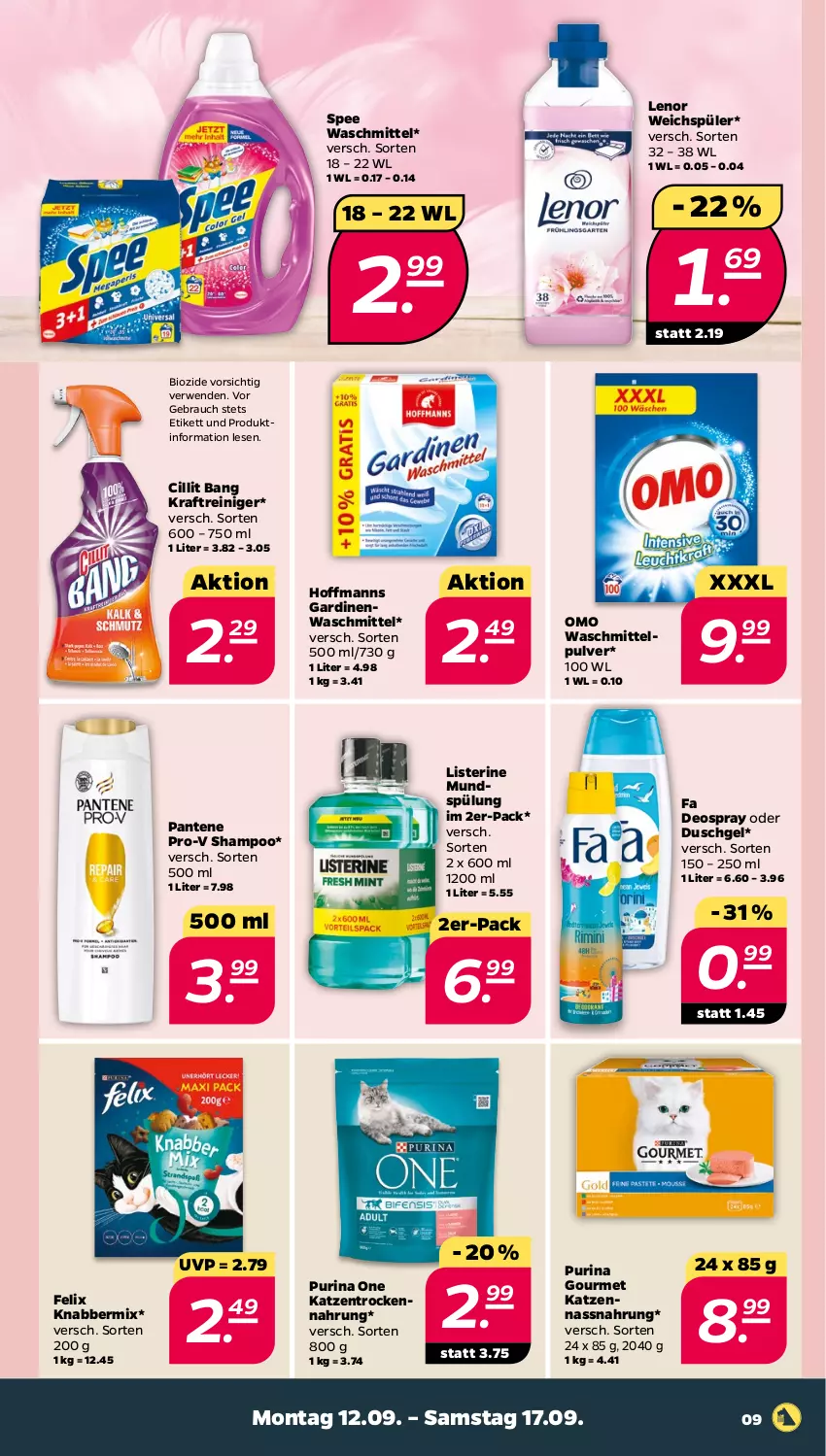 Aktueller Prospekt Netto - Woche 37 - von 12.09 bis 17.09.2022 - strona 9 - produkty: bio, Cillit, cillit bang, deo, deospray, duschgel, felix, Gardinen, kraft, lenor, lenor weichspüler, listerine, mundspülung, Nassnahrung, pantene, pantene pro-v, pro-v, purina, Rauch, reiniger, rwe, shampoo, spee, spülung, Ti, Trockennahrung, waschmittel, weichspüler