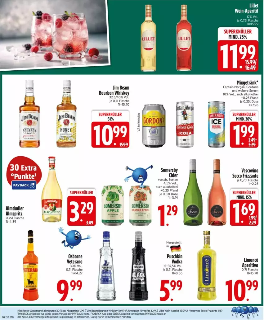 Aktueller Prospekt Edeka - Prospekte - von 25.08 bis 30.08.2025 - strona 20 - produkty: alkohol, almdudler, angebot, angebote, aperitif, bourbon, bourbon whiskey, Cap, captain morgan, cider, deka, ecco, eis, flasche, frizzante, getränk, gordon, gordon's, jim beam, LG, lillet, limo, Mixgetränk, osborne, payback, reis, Ti, vescovino, veterano, vodka, wein, whiskey, Yo, ZTE