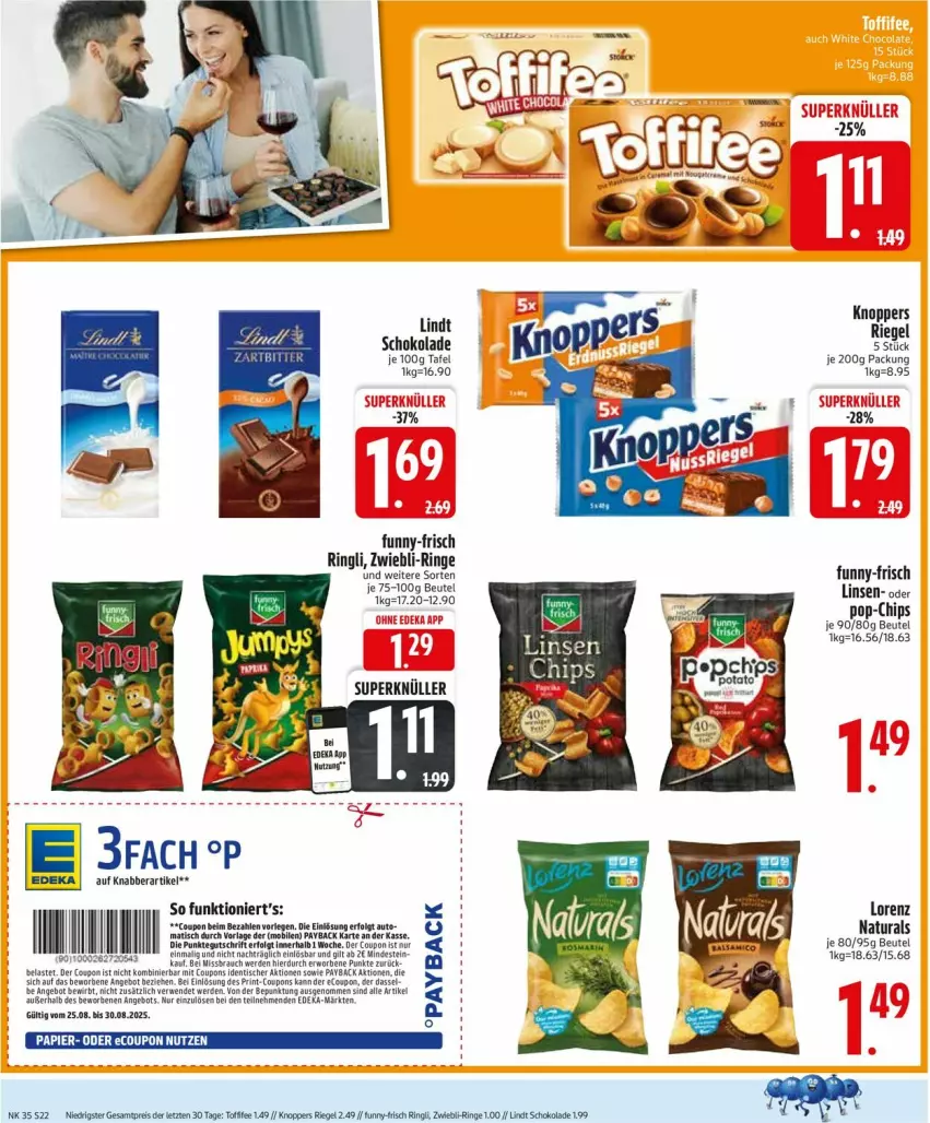 Aktueller Prospekt Edeka - Prospekte - von 25.08 bis 30.08.2025 - strona 24 - produkty: angebot, beutel, chips, coupon, coupons, deka, eis, erde, funny-frisch, HP, knoppers, LG, lindt, linsen, lorenz, natur, natura, payback, Rauch, reis, riegel, ring, rwe, schoko, schokolade, Ti, toffifee, ZTE