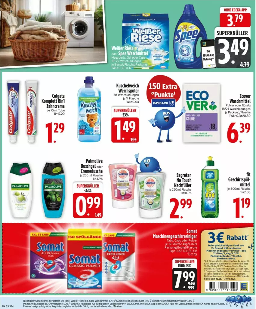 Aktueller Prospekt Edeka - Prospekte - von 25.08 bis 30.08.2025 - strona 26 - produkty: beutel, colgate, creme, cremedusche, deka, dusche, duschgel, flasche, geschirr, Kuschelweich, LG, olive, palmolive, payback, reiniger, sagrotan, somat, Ti, Tiere, waschmittel, weichspüler, zahncreme