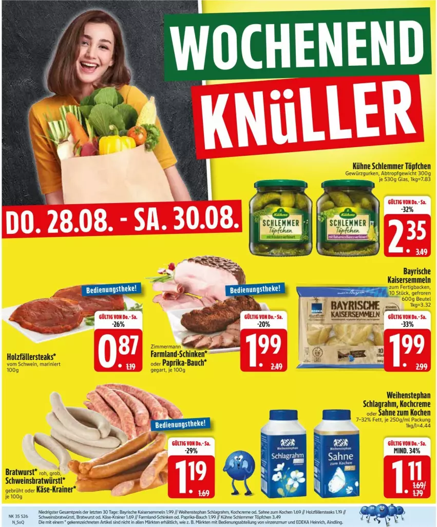 Aktueller Prospekt Edeka - Prospekte - von 25.08 bis 30.08.2025 - strona 28 - produkty: Bau, beutel, bratwurst, creme, gewürz, Gewürzgurke, gewürzgurken, gurke, gurken, Holz, holzfällersteaks, Kaiser, Kaisersemmel, Käse, Kochcreme, Kühne, paprika, sahne, schinken, schlagrahm, schwein, Semmel, steak, steaks, Ti, Töpfchen, weihenstephan, wein, wurst