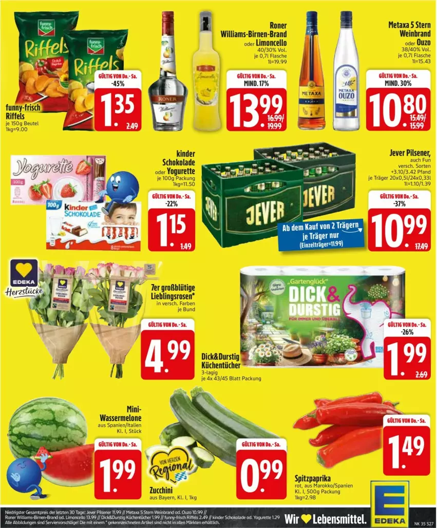 Aktueller Prospekt Edeka - Prospekte - von 25.08 bis 30.08.2025 - strona 29 - produkty: Birnen, flasche, funny-frisch, jever, Kinder, kinder schokolade, limo, melone, Metaxa, oder yogurette, paprika, rosen, schoko, schokolade, Spitzpaprika, Ti, wasser, wassermelone, wein, weinbrand, Yo, yogurette, zucchini
