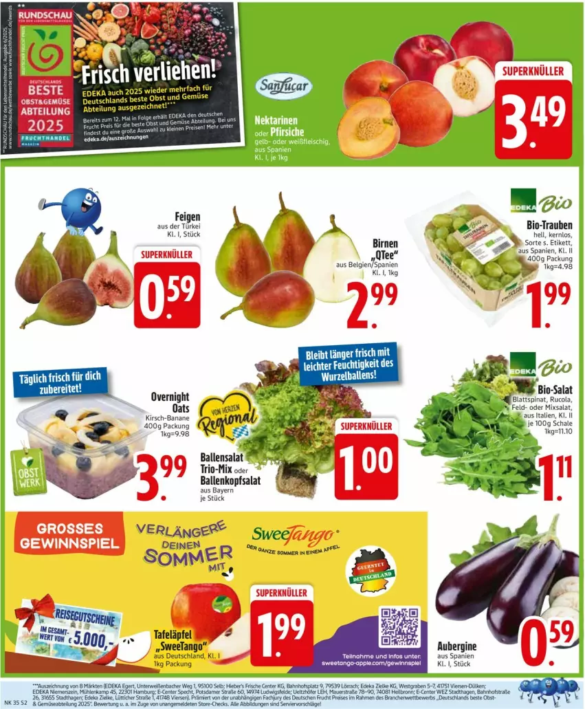 Aktueller Prospekt Edeka - Prospekte - von 25.08 bis 30.08.2025 - strona 4 - produkty: Abtei, aubergine, ball, banane, bio, Birnen, cola, deka, eis, Elan, Feigen, frucht, gewinnspiel, gin, kirsch, kopfsalat, mars, obst, reis, rucola, salat, Schal, Schale, spinat, tafeläpfel, Ti, trauben, Yo