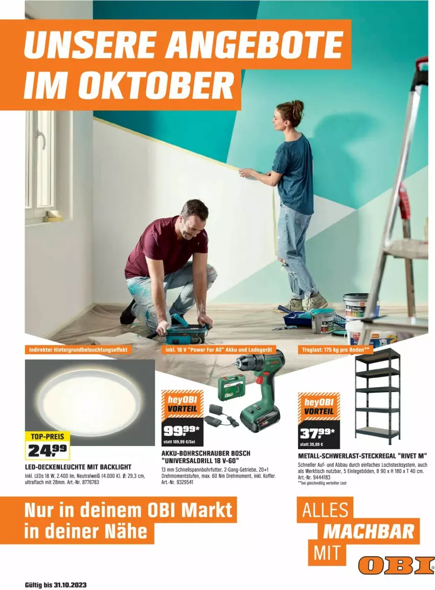 Aktueller Prospekt Obi - Prospekte - von 30.09 bis 31.10.2023 - strona 1 - produkty: Abba, akku, akku-bohrschrauber, Bau, Bohrschrauber, bosch, decke, deckenleuchte, Eckregal, eis, elle, koffer, led-deckenleuchte, leds, Leuchte, regal, reis, steckregal, Ti, tisch, top-preis