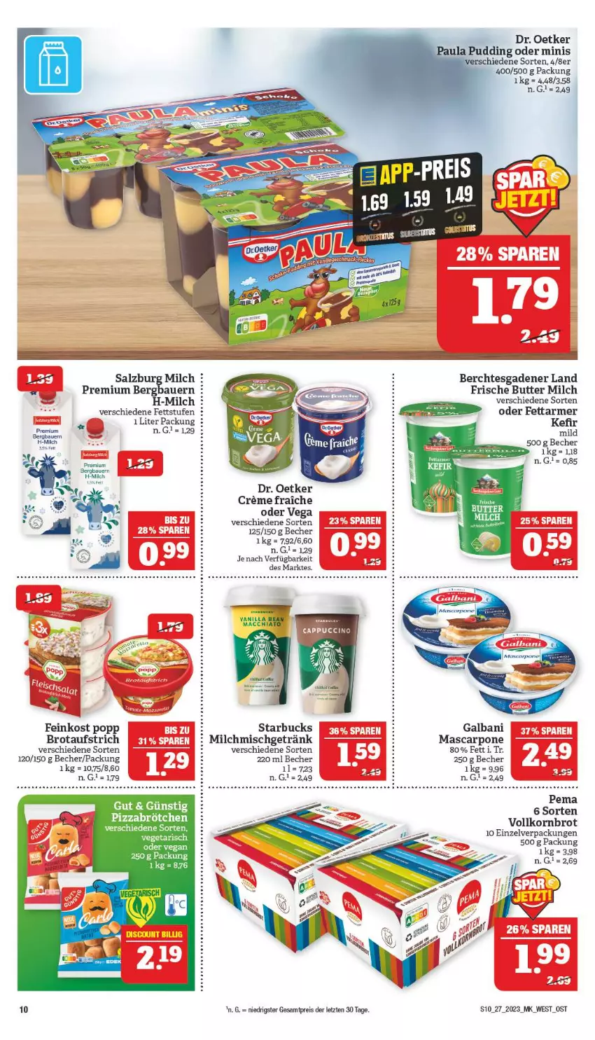 Aktueller Prospekt Marktkauf - Prospekt - von 02.07 bis 08.07.2023 - strona 10 - produkty: auer, aufstrich, Bau, Bauer, Becher, brot, brotaufstrich, butter, Dr. Oetker, eis, feinkost, galbani, getränk, korn, Kornbrot, LG, mascarpone, milch, Popp, pudding, reis, salz, starbucks, tee, Ti, vollkornbrot, ZTE