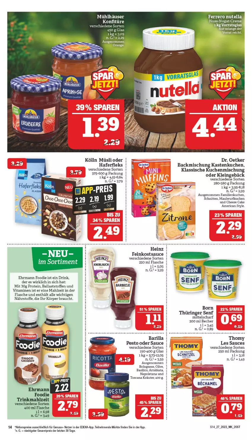 Aktueller Prospekt Marktkauf - Prospekt - von 02.07 bis 08.07.2023 - strona 14 - produkty: aktionspreis, backmischung, ball, barilla, basilico, Becher, bolognese, deka, Dr. Oetker, drink, ehrmann, eis, feinkost, flasche, hafer, haferfleks, heinz, Kastenkuchen, kölln, konfitüre, kräuter, kuchen, mühlhäuser, müsli, nuss, olive, orange, pesto, Rauch, reis, ring, sauce, schnitten, schnitzel, senf, thomy, thomy les sauces, Ti, Tiere, vita, Vitamine, zitrone, ZTE