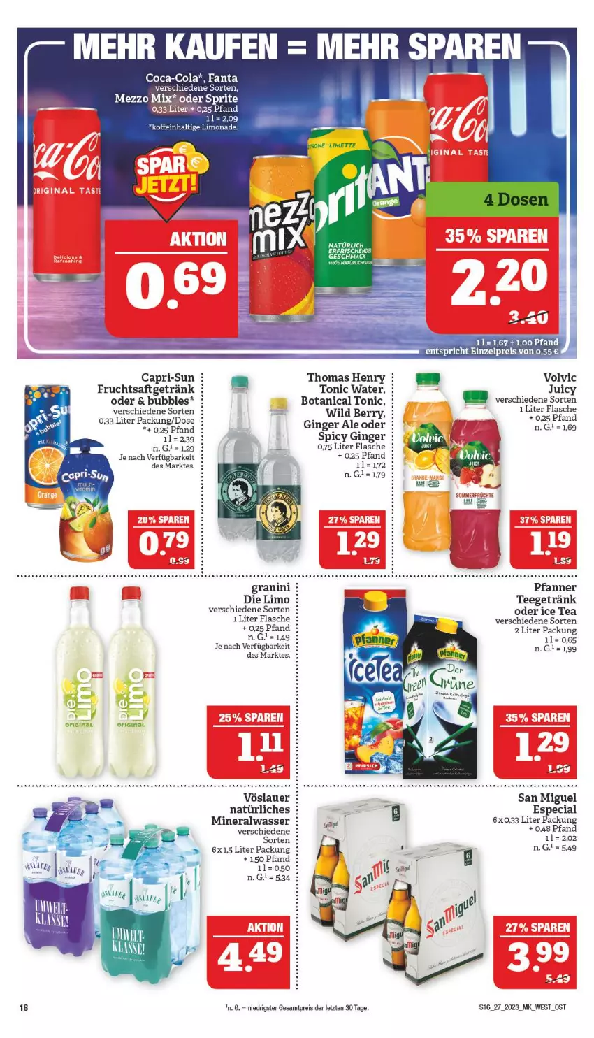 Aktueller Prospekt Marktkauf - Prospekt - von 02.07 bis 08.07.2023 - strona 16 - produkty: Alwa, auer, Cap, capri-sun, coca-cola, cola, eis, fanta, flasche, frucht, früchte, fruchtsaft, fruchtsaftgetränk, getränk, gin, ginger, ginger ale, granini, ice tea, limo, limonade, mac, Mezzo Mix, mineralwasser, oder sprite, pfanne, Pfanner, reis, saft, sprite, tee, thomas henry, Ti, tonic, tonic water, volvic, vöslauer, wasser, Wild, wild berry, ZTE