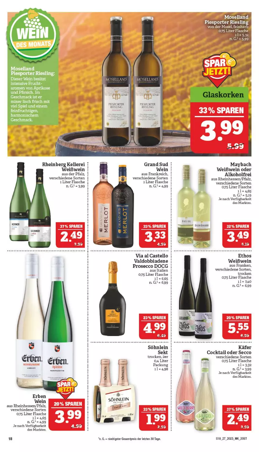 Aktueller Prospekt Marktkauf - Prospekt - von 02.07 bis 08.07.2023 - strona 18 - produkty: alkohol, aprikose, cocktail, ecco, eis, elle, flasche, frucht, käfer, mac, maybach, moselland, prosecco, reis, riesling, sekt, söhnlein, Sport, valdo, wein, Weißwein, ZTE