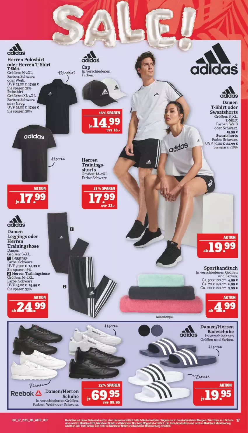 Aktueller Prospekt Marktkauf - Prospekt - von 02.07 bis 08.07.2023 - strona 37 - produkty: Bad, Cap, dell, eis, gin, herren poloshirt, hose, leggings, Mode, poloshirt, Reebok, schuhe, shirt, shorts, sweatshorts, T-Shirt, Trainingshose