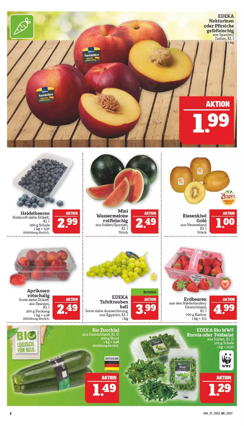 Aktueller Prospekt Marktkauf - Prospekt - von 02.07 bis 08.07.2023 - strona 4 - produkty: aprikose, aprikosen, beere, beeren, bio, cola, deka, edeka bio, eier, eis, Elan, erdbeere, erdbeeren, feldsalat, fleisch, kiwi, melone, Nektar, nektarinen, nektarinen oder, oder pfirsiche, pfirsich, pfirsiche, rucola, salat, Schal, Schale, tafeltrauben, Ti, trauben, wasser, wassermelone, zucchini