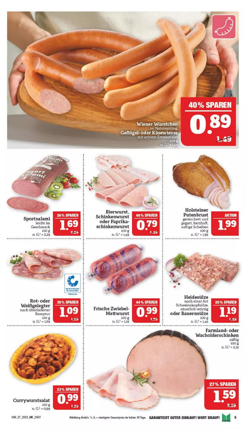 Aktueller Prospekt Marktkauf - Prospekt - von 02.07 bis 08.07.2023 - strona 9 - produkty: auer, Bau, Bauer, bier, dell, eis, Geflügel, holsteiner, Käse, mac, Mett, mettwurst, natur, paprika, pute, putenbrust, reis, rezept, saft, salami, schinken, schinkenwurst, schwein, Sport, steiner, tee, Ti, wein, wiener, wurst, ZTE, zwiebel