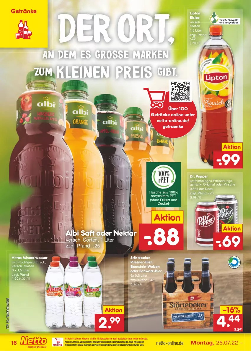 Aktueller Prospekt Netto Marken-Discount - Filial-Angebote - von 25.07 bis 30.07.2022 - strona 16 - produkty: Alwa, bier, decke, Deckel, eis, eistee, erfrischungsgetränk, flasche, frucht, getränk, getränke, gin, kirsch, kirsche, leine, lipton, mac, mineralwasser, mit frucht, ndk, Nektar, pils, pilsener, reis, saft, störtebeker, tee, Ti, versandkostenfrei, vitrex, wasser