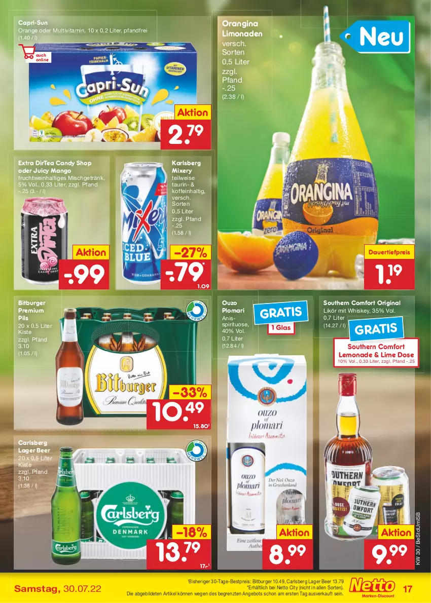 Aktueller Prospekt Netto Marken-Discount - Filial-Angebote - von 25.07 bis 30.07.2022 - strona 17 - produkty: angebot, auer, bestpreis, bitburger, burger, Cap, capri-sun, carlsberg, dauertiefpreis, eis, frucht, getränk, gin, karlsberg, karlsberg mixery, lemonade, likör, limo, limonade, limonaden, mango, Mixer, mixery, orange, orangina, ouzo, pils, premium pils, reis, Southern Comfort, Ti, tiefpreis, vita, wein, whiskey, ZTE