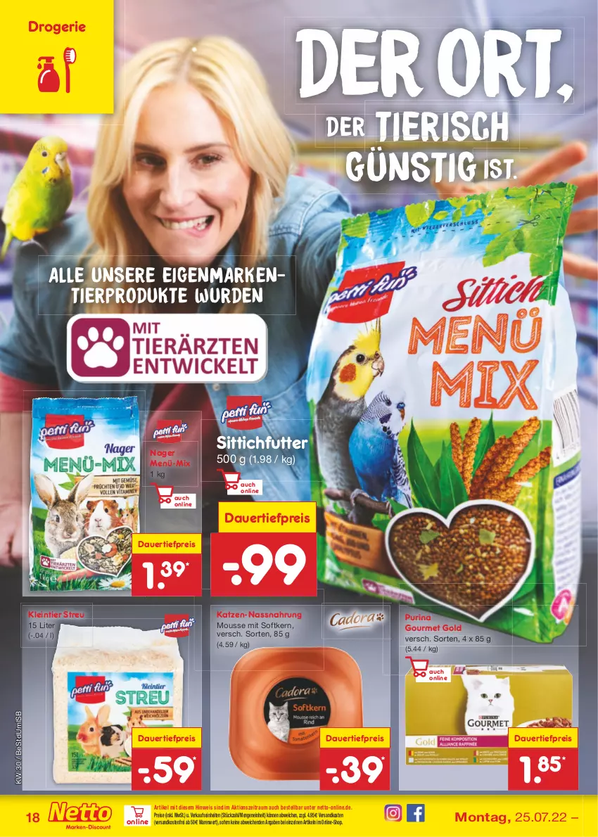 Aktueller Prospekt Netto Marken-Discount - Filial-Angebote - von 25.07 bis 30.07.2022 - strona 18 - produkty: auer, dauertiefpreis, eis, gourmet gold, mousse, Nassnahrung, ndk, purina, reis, Ti, tiefpreis, versandkostenfrei