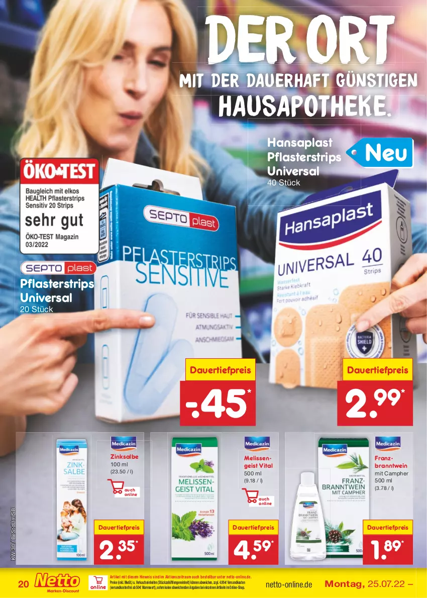 Aktueller Prospekt Netto Marken-Discount - Filial-Angebote - von 25.07 bis 30.07.2022 - strona 20 - produkty: Apotheke, auer, dauertiefpreis, eis, hansaplast, ndk, pflaster, reis, Ti, tiefpreis, versandkostenfrei, vita, wein