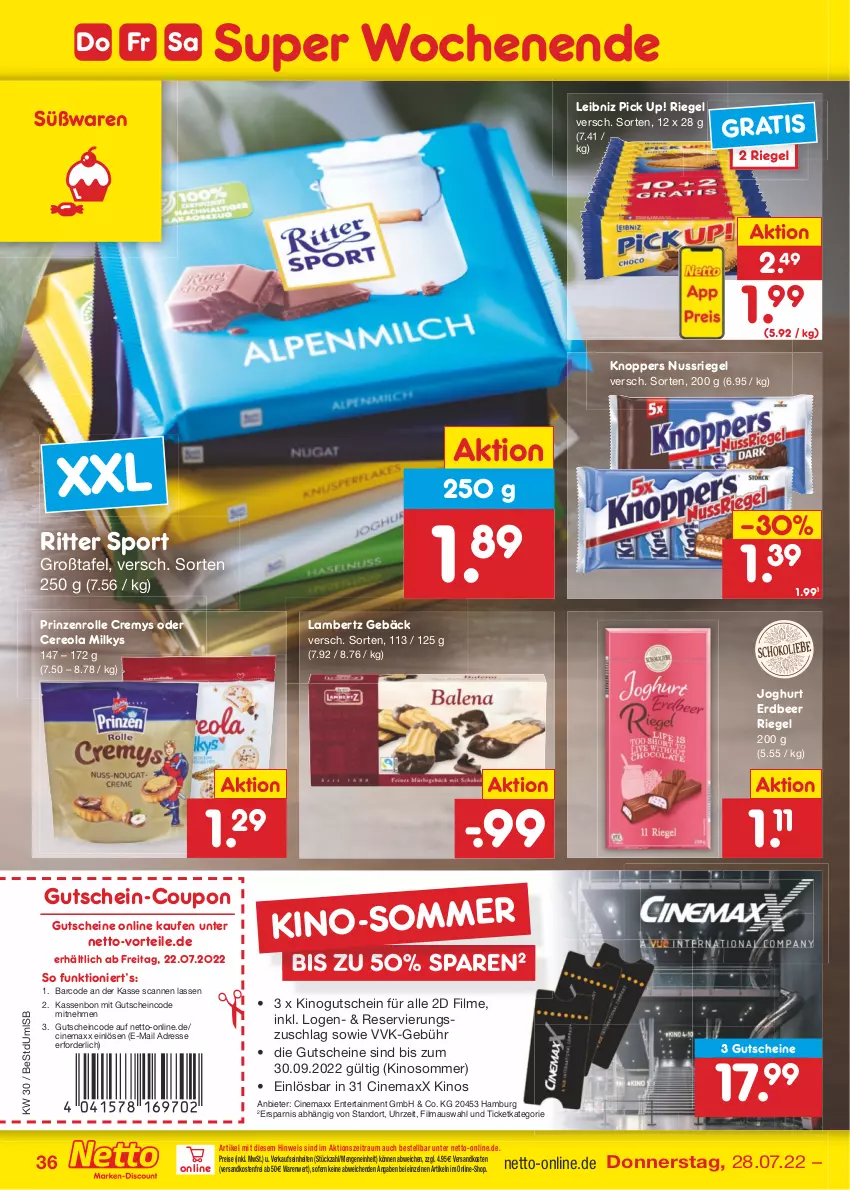 Aktueller Prospekt Netto Marken-Discount - Filial-Angebote - von 25.07 bis 30.07.2022 - strona 36 - produkty: Amber, cin, coupon, cremys, eis, ente, gutschein, gutscheine, joghur, joghurt, knoppers, lambertz, leibniz, Maus, ndk, nuss, nussriegel, Pick Up!, prinzenrolle, reis, riegel, ritter, ritter sport, Sport, Ti, uhr, versandkostenfrei