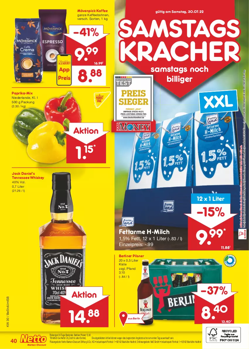 Aktueller Prospekt Netto Marken-Discount - Filial-Angebote - von 25.07 bis 30.07.2022 - strona 40 - produkty: angebot, angebote, berliner, bestpreis, bohne, bohnen, discount, eis, Holz, jack daniel, Jack Daniel’s, kaffee, kaffeebohnen, kracher, marken-discount, milch, mövenpick, mövenpick kaffee, ndk, paprika, pils, pilsner, reis, tennessee whiskey, Ti, versandkostenfrei, whiskey, ZTE