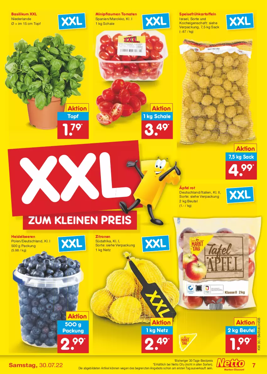 Aktueller Prospekt Netto Marken-Discount - Filial-Angebote - von 25.07 bis 30.07.2022 - strona 7 - produkty: angebot, basilikum, beere, beeren, bestpreis, beutel, eis, Frühkartoffeln, heidelbeere, heidelbeeren, kartoffel, kartoffeln, leine, pflaume, pflaumen, reis, sac, Schal, Schale, speisefrühkartoffeln, Ti, tomate, tomaten, topf, zitrone, zitronen, ZTE