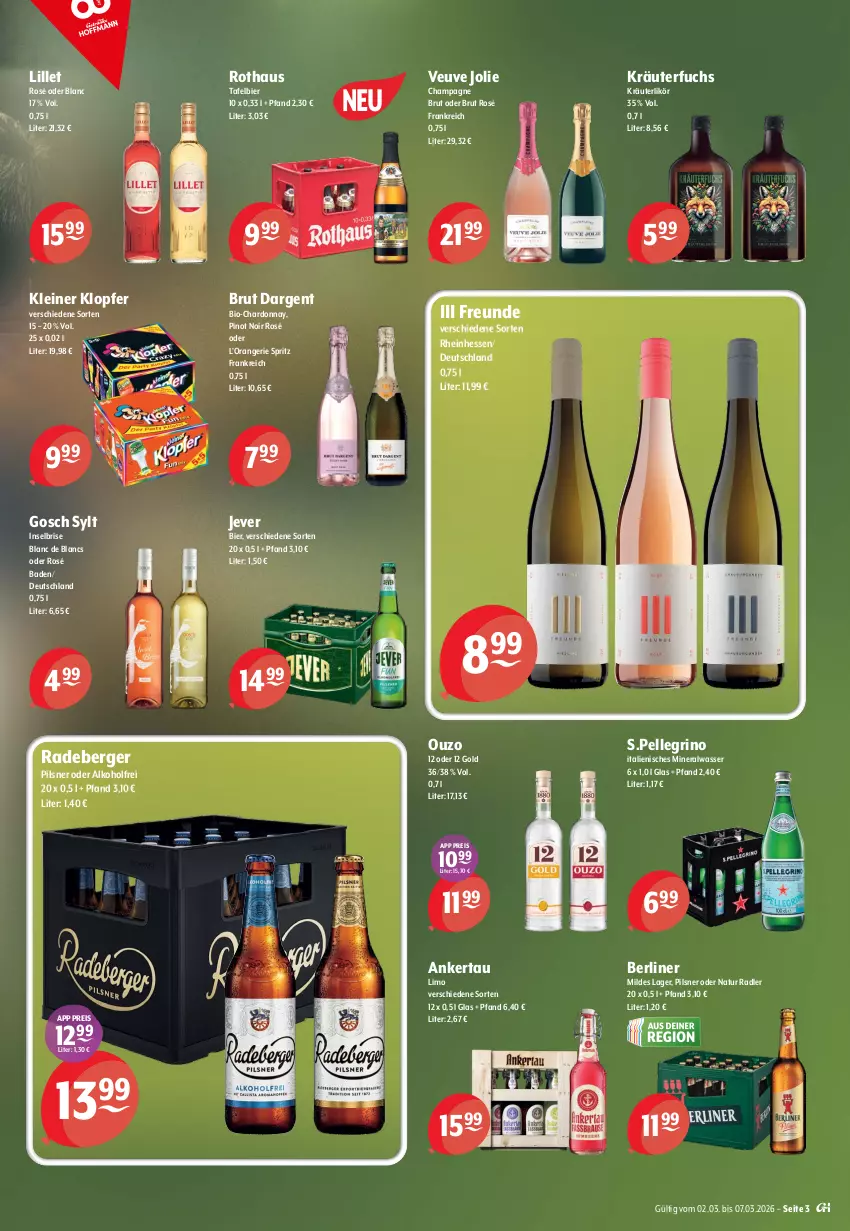 Aktueller Prospekt Getraenke Hoffmann - Prospekte - von 02.03 bis 07.03.2026 - strona 3 - produkty: alkohol, Alwa, Bad, Berger, berliner, bier, bio, brut, brut dargent, champagne, chardonnay, de blancs, eis, elle, jever, kleiner klopfer, kräuter, kräuterlikör, leine, likör, lillet, limo, mineralwasser, natur, natur radler, orange, ouzo, pils, pilsner, Pinot, pinot noir, radeberger, radeberger pilsner, radler, reis, Ti, wasser