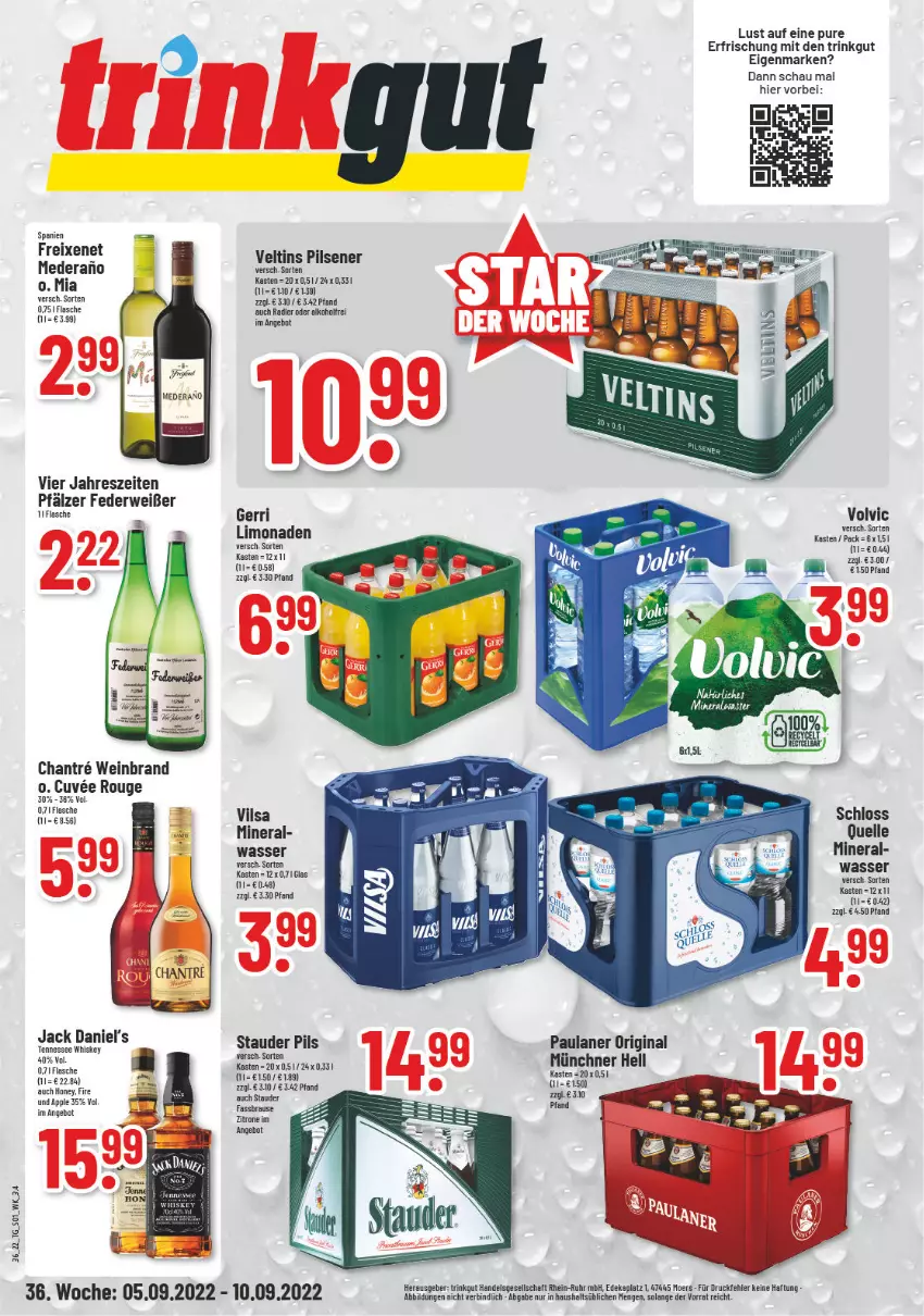 Aktueller Prospekt Trinkgut - von 05.09 bis 10.09.2022 - strona 1 - produkty: alkohol, angebot, Apple, brause, deka, elle, fassbrause, flasche, freixenet, gin, Heu, jack daniel, jack daniel's, limo, limonade, limonaden, Paula, paulaner, pils, pilsener, radler, rouge, rwe, tennessee whiskey, Ti, uhr, veltins, veltins pilsener, vilsa, volvic, wasser, wein, weinbrand, whiskey, zitrone