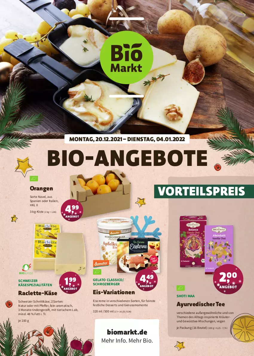 Aktueller Prospekt Denns Biomarkt - Prospekte - von 20.12.2021 bis 04.01.2022 - strona 1 - produkty: angebot, angebote, Berger, beutel, bio, classico, creme, dessert, desserts, eis, eiscreme, ente, gewürz, Käse, kräuter, natur, nuss, orange, orangen, pfeffer, reis, Ria, rind, schnittkäse, schweizer schnittkäse, Spezi, tee, Ti, tisch, vorteilspreis, ZTE