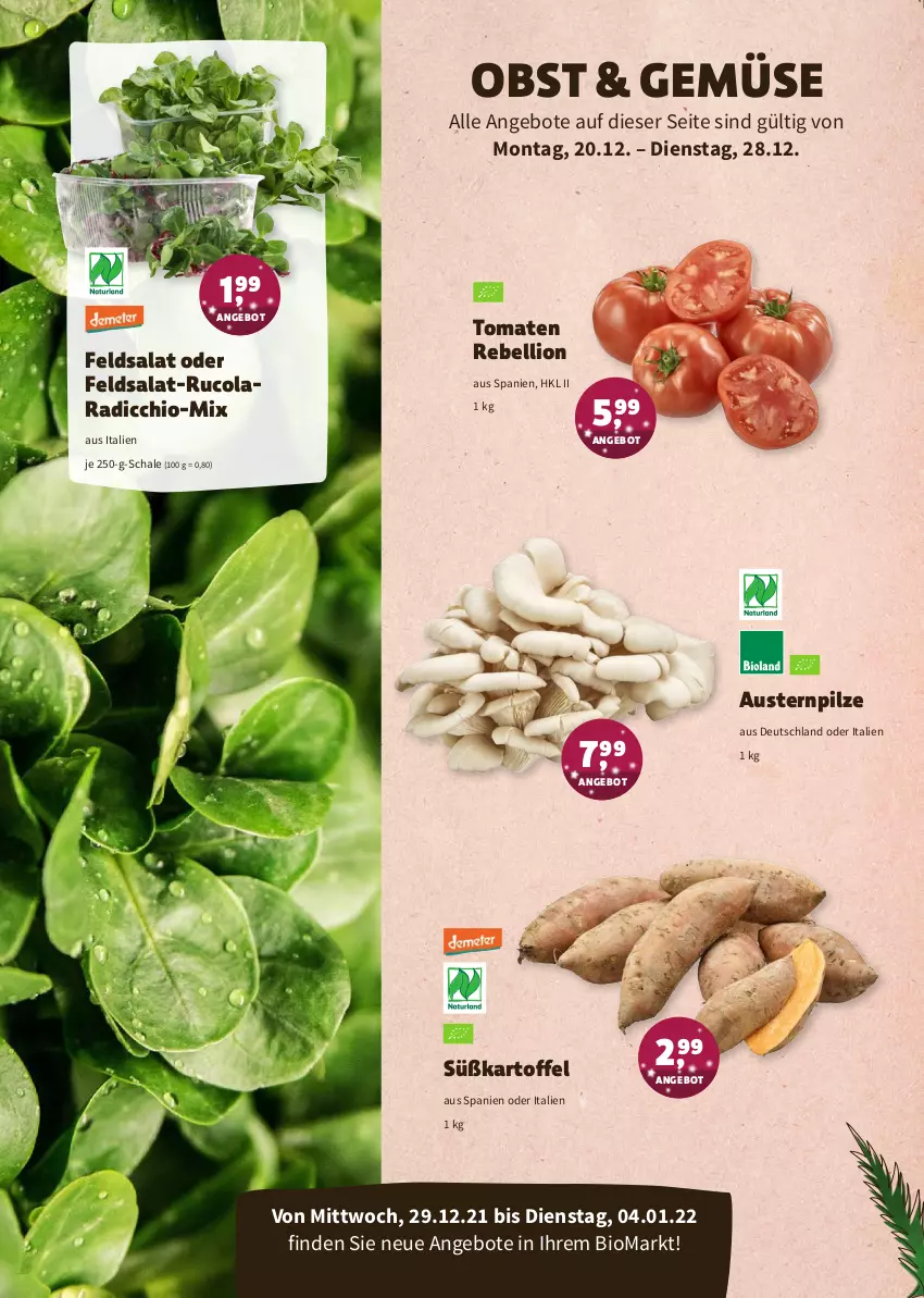 Aktueller Prospekt Denns Biomarkt - Prospekte - von 20.12.2021 bis 04.01.2022 - strona 2 - produkty: angebot, angebote, aust, Austern, bio, cola, feldsalat, kartoffel, lion, obst, pilze, Radicchio, rebell, rucola, salat, Schal, Schale, Ti, tomate, tomaten