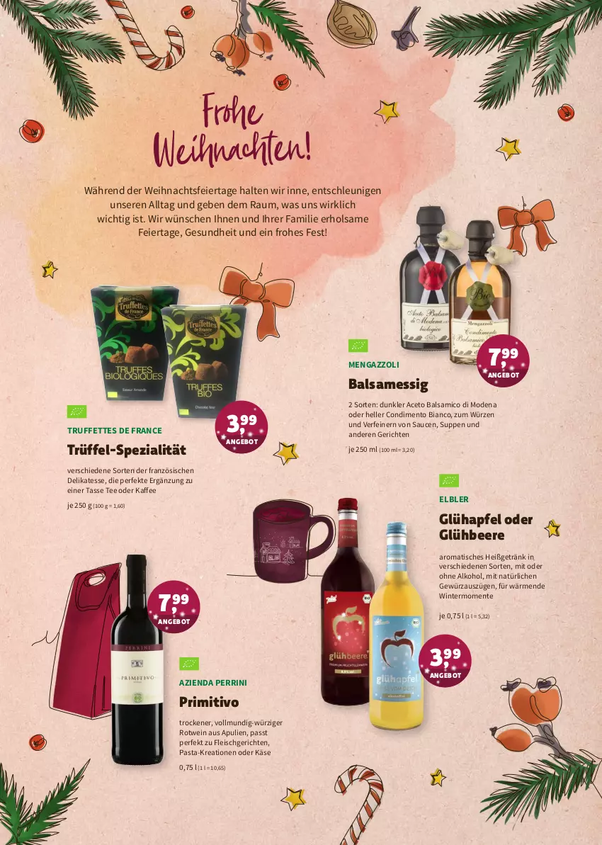 Aktueller Prospekt Denns Biomarkt - Prospekte - von 20.12.2021 bis 04.01.2022 - strona 3 - produkty: aceto, aceto balsamico, alkohol, angebot, apfel, balsam, balsamico, beere, condimento, Condimento Bianco, eier, eis, elle, ente, essig, fleisch, Gesundheit, getränk, gewürz, kaffee, Käse, Mode, ohne alkohol, pasta, primitivo, rotwein, sauce, saucen, Spezi, suppe, suppen, tasse, tee, Ti, tisch, Trüffel, weihnachten, wein