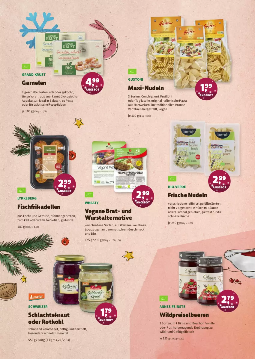 Aktueller Prospekt Denns Biomarkt - Prospekte - von 20.12.2021 bis 04.01.2022 - strona 6 - produkty: angebot, aqua, beere, beeren, bio, bourbon, braten, dell, eis, elle, erde, fisch, fleisch, frikadellen, garnelen, Geflügel, gin, hartweizen, italienische pasta, Kraut, küche, lachs, lion, mac, nudel, nudeln, olive, oliven, olivenöl, pasta, pfanne, pfannen, reis, rezept, rotkohl, salat, salate, sauce, tagliatelle, Ti, tisch, und gemüse, vanille, Wild, wurst