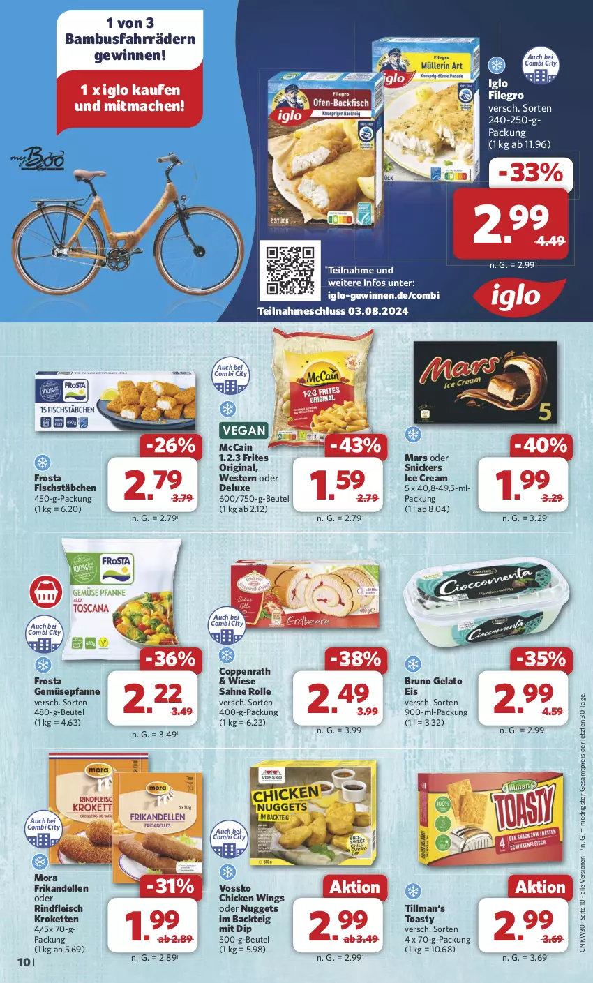 Aktueller Prospekt Combi - Prospekte - von 22.07 bis 27.07.2024 - strona 10 - produkty: bambus, beutel, bruno gelato, chicken wings, coppenrath, dell, dip, eis, elle, filegro, fisch, fischstäbchen, fleisch, frosta, gin, iglo, Kette, Kroketten, mac, mars, mccain, nuggets, pfanne, reis, rind, rindfleisch, sahne, snickers, Ti, toast, toasty, vossko, Weste, ZTE