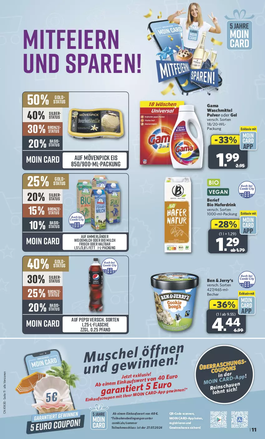 Aktueller Prospekt Combi - Prospekte - von 22.07 bis 27.07.2024 - strona 11 - produkty: ammerländer, Becher, bio, drink, eier, eis, flasche, hafer, Haferdrink, merl, milch, mövenpick, mövenpick eis, pepsi, waschmittel, weidemilch