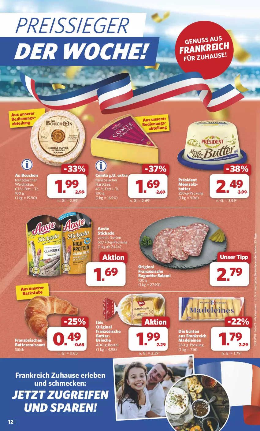 Aktueller Prospekt Combi - Prospekte - von 22.07 bis 27.07.2024 - strona 12 - produkty: Abtei, aoste stickado, baguette, Baguette-Salami, beutel, butter, comté, Croissant, eis, französischer weichkäse, gin, hartkäse, Käse, leine, meersalz, Meersalzbutter, nuss, reifen, reis, reiss, salami, salz, stickado, stube, Ti, weichkäse, ZTE