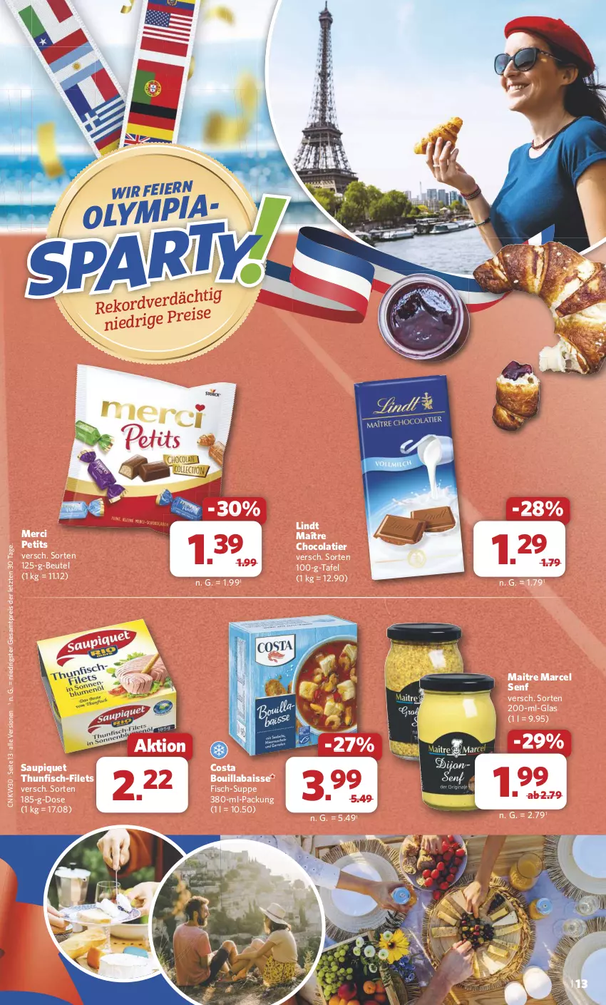 Aktueller Prospekt Combi - Prospekte - von 22.07 bis 27.07.2024 - strona 13 - produkty: beutel, cola, eier, eis, filet, filets, fisch, lindt, merci, reis, saupiquet, senf, suppe, thunfisch, Ti, ZTE