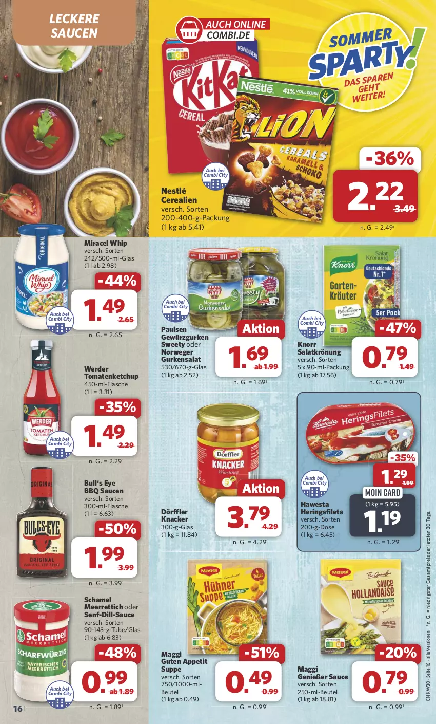 Aktueller Prospekt Combi - Prospekte - von 22.07 bis 27.07.2024 - strona 16 - produkty: beutel, cerealien, eis, erde, filet, filets, flasche, gewürz, Gewürzgurke, gewürzgurken, gurke, gurken, gurkensalat, hawesta, hering, Herings, heringsfilets, ketchup, knacker, knorr, maggi, meerrettich, miracel, miracel whip, nestlé, reis, Rettich, ring, rwe, salat, salatkrönung, sauce, saucen, schamel, senf, suppe, Ti, tomate, tomaten, tomatenketchup, ZTE