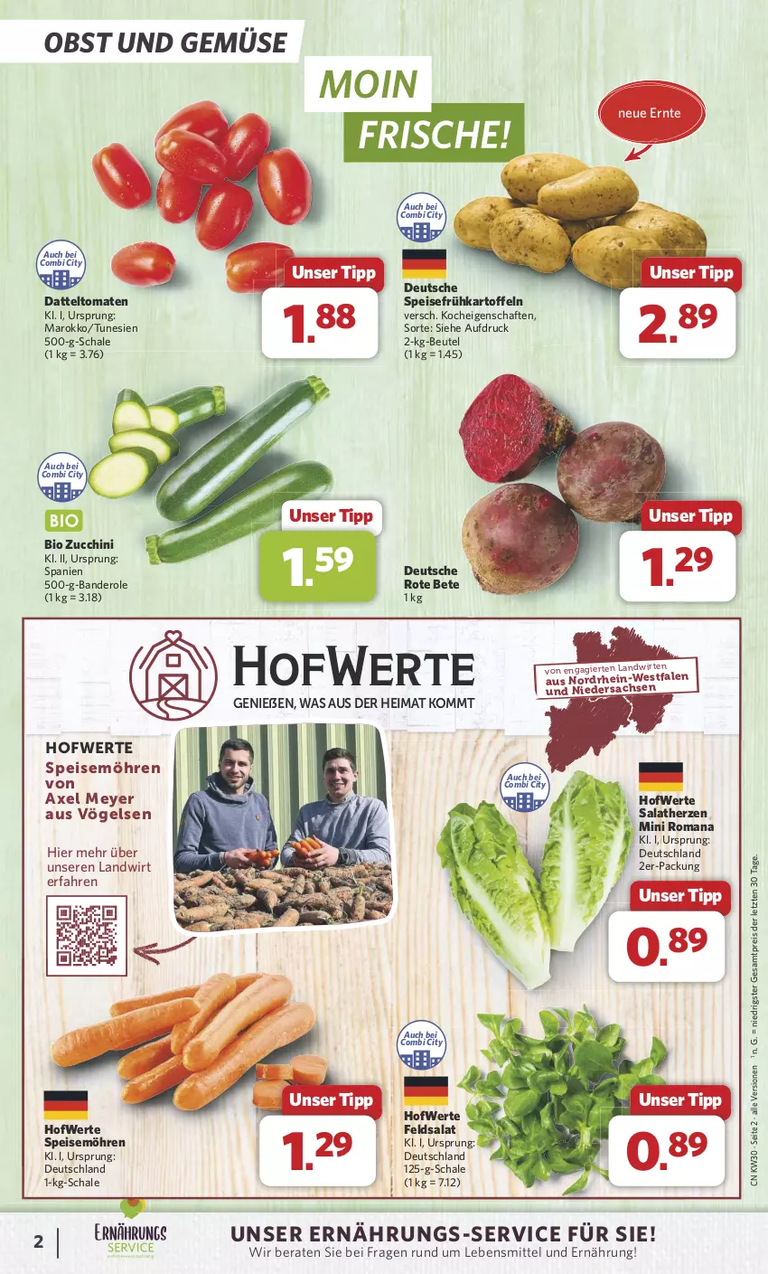 Aktueller Prospekt Combi - Prospekte - von 22.07 bis 27.07.2024 - strona 2 - produkty: axe, beutel, bio, datteltomaten, eis, feldsalat, Frühkartoffeln, kartoffel, kartoffeln, lebensmittel, möhren, obst, Obst und Gemüse, reis, rote bete, sac, salat, salatherzen, Schal, Schale, speisefrühkartoffeln, speisemöhren, Ti, tomate, tomaten, und gemüse, ZTE, zucchini