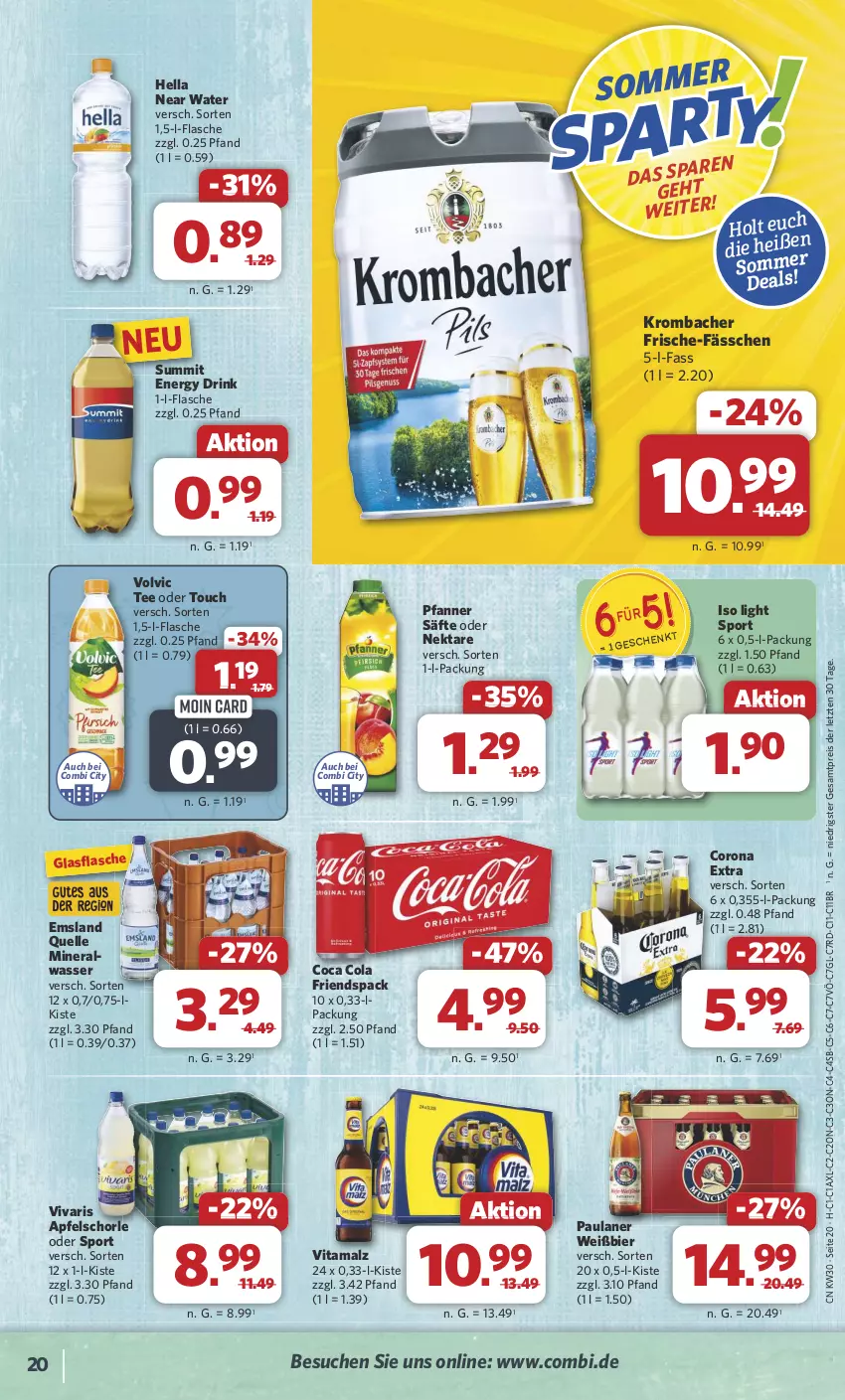 Aktueller Prospekt Combi - Prospekte - von 22.07 bis 27.07.2024 - strona 20 - produkty: Alwa, apfel, Apfelschorle, bier, cola, corona, corona extra, drink, eis, elle, energy drink, flasche, glasflasche, hella, krombache, krombacher, malz, mineralwasser, Nektar, Paula, paulaner, pfanne, Pfanner, reis, säfte, schorle, Sport, tee, Ti, vita, vitamalz, Vivaris, volvic, wasser, ZTE