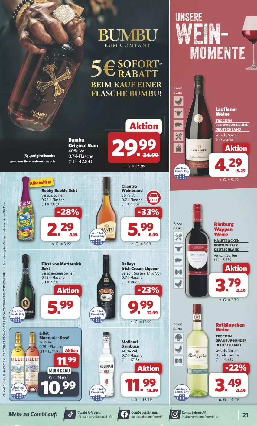 Aktueller Prospekt Combi - Prospekte - von 22.07 bis 27.07.2024 - strona 21 - produkty: alkohol, baileys, Bumbu, burgunder, chantré, eis, ente, flasche, fürst von metternich, gin, grauburgunder, irish cream, LG, lillet, liqueur, Mett, metternich, Molinari, nuss, reis, riesling, robby, rotkäppchen, rum, sambuca, schwarzriesling, sekt, sofortrabatt, Ti, wein, weinbrand, weine, ZTE