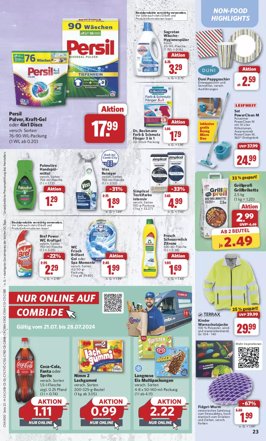 Aktueller Prospekt Combi - Prospekte - von 22.07 bis 27.07.2024 - strona 23 - produkty: Abba, asti, Bau, beutel, bio, biozidprodukte, Bref, bref power, briketts, coca-cola, cola, Dr. Beckmann, duni, eimer, eis, elle, ente, fanta, fanta oder, fanta oder sprite, flasche, Frosch, geschirr, grill, grillbriketts, Hela, Heu, hygienespüler, Jacke, Kinder, kraft, lachgummi, langnese, langnese eis, milch, Nimm 2, oder sprite, olive, palmolive, persil, Rauch, reiniger, reis, rwe, sagrotan, scheuermilch, Serviette, servietten, sim, spielzeug, sprite, spülmittel, teller, Textilfarbe, Ti, tisch, wasser, wc frisch, zitrone, ZTE