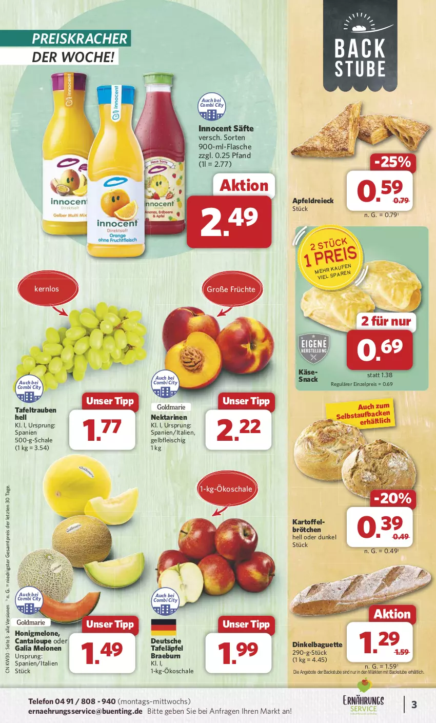 Aktueller Prospekt Combi - Prospekte - von 22.07 bis 27.07.2024 - strona 3 - produkty: angebot, angebote, apfel, baguette, brötchen, eis, flasche, fleisch, früchte, galia melonen, honig, honigmelone, Innocent, kartoffel, Käse, kracher, melone, melonen, Nektar, nektarinen, reis, säfte, Schal, Schale, snack, stube, tafeläpfel, tafeltrauben, telefon, Ti, trauben, ZTE