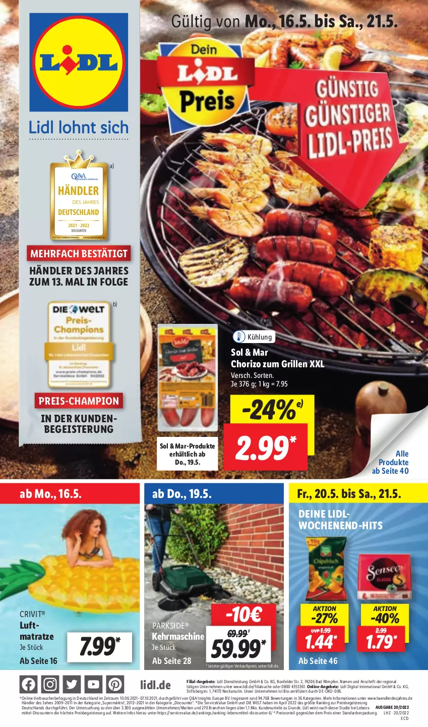 Aktueller Prospekt Lidl - Aktionsprospekt - von 16.05 bis 21.05.2022 - strona 1 - produkty: angebot, angebote, Bad, bio, champion, chorizo, coupon, crivit, discount, eis, erde, grill, lebensmittel, LG, Liege, luftmatratze, matratze, Parkside, preisvorteil, pril, Rauch, reis, Ti, ZTE