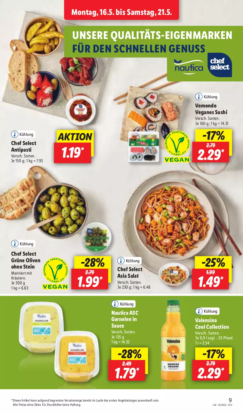 Aktueller Prospekt Lidl - Aktionsprospekt - von 16.05 bis 21.05.2022 - strona 11 - produkty: angebot, antipasti, asti, eis, elle, garnelen, grüne oliven, kräuter, kräutern, nuss, olive, oliven, reis, salat, sauce, Sushi, Ti, valensina, ZTE