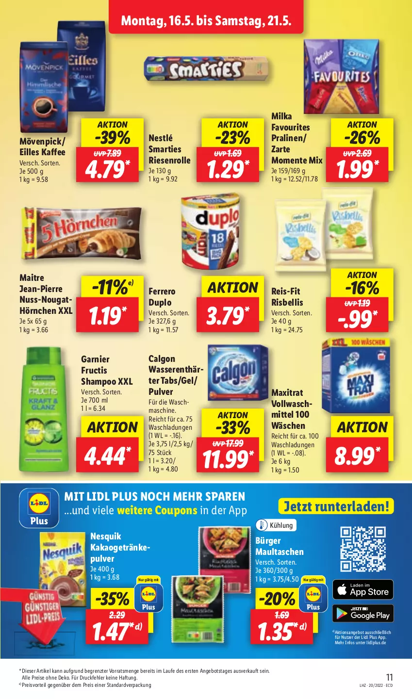 Aktueller Prospekt Lidl - Aktionsprospekt - von 16.05 bis 21.05.2022 - strona 13 - produkty: angebot, calgon, coupon, coupons, duplo, eis, ente, ferrero, fructis, garnier, getränk, getränke, hörnchen, kaffee, kakao, LG, maultaschen, milka, mövenpick, nesquik, nestlé, nuss, pralinen, preisvorteil, reis, shampoo, smarties, Tasche, taschen, Ti, wasser, ZTE