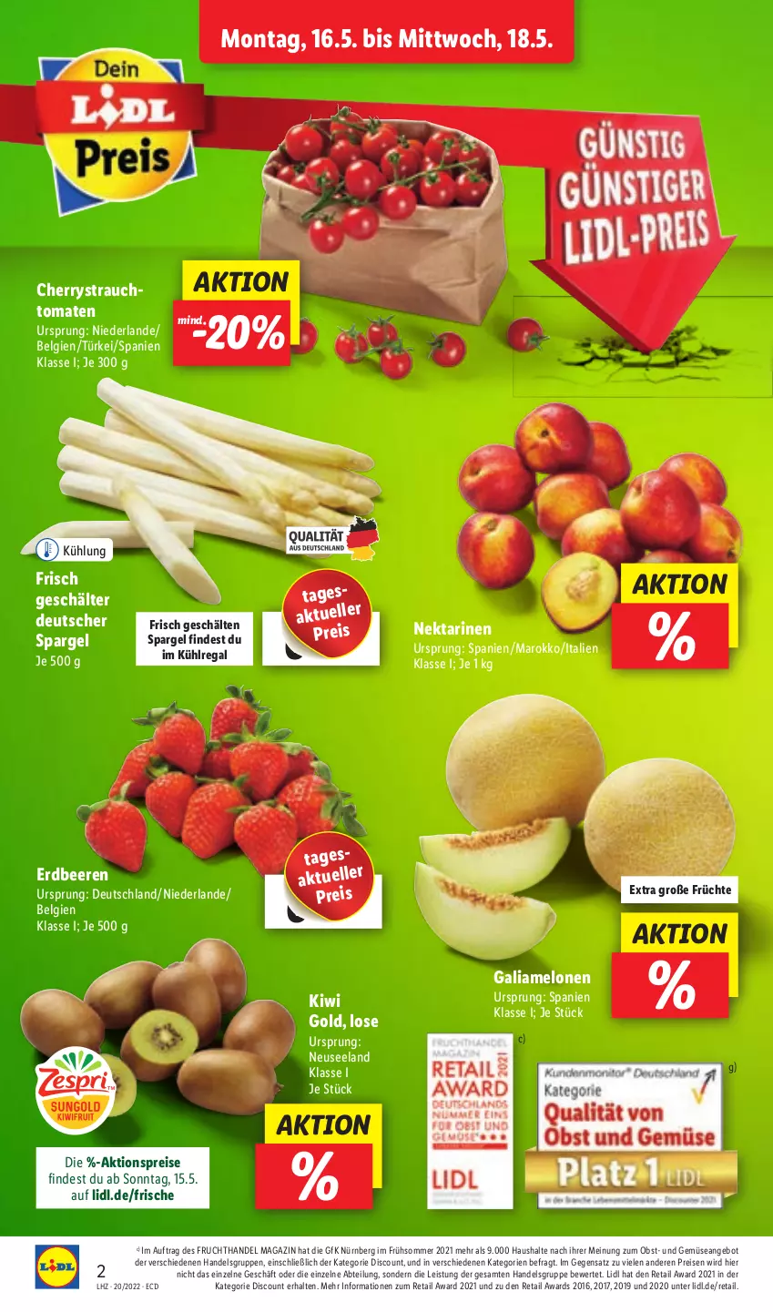 Aktueller Prospekt Lidl - Aktionsprospekt - von 16.05 bis 21.05.2022 - strona 2 - produkty: Abtei, aktionspreis, angebot, beere, beeren, deutscher spargel, discount, eis, Elan, elle, erdbeere, erdbeeren, frucht, früchte, galiamelone, kiwi, Kiwi Gold, kühlregal, LG, magazin, melone, melonen, Nektar, nektarinen, obst, Rauch, regal, reis, spargel, Ti, tomate, tomaten, und gemüse