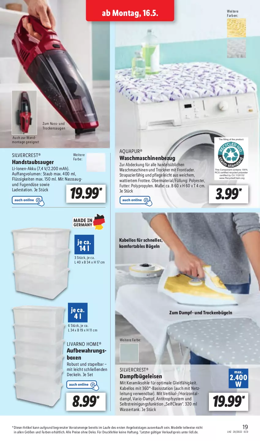 Aktueller Prospekt Lidl - Aktionsprospekt - von 16.05 bis 21.05.2022 - strona 21 - produkty: akku, angebot, aqua, AquaPur, aufbewahrungsbox, bügel, Bügeleisen, dampfbügeleisen, decke, Deckel, dell, eis, elle, handstaubsauger, Mode, Reinigung, reis, Ria, rwe, silvercrest, staubsauger, tee, Ti, Trockner, waschmaschine, waschmaschinen, wasser, wassertank, ZTE