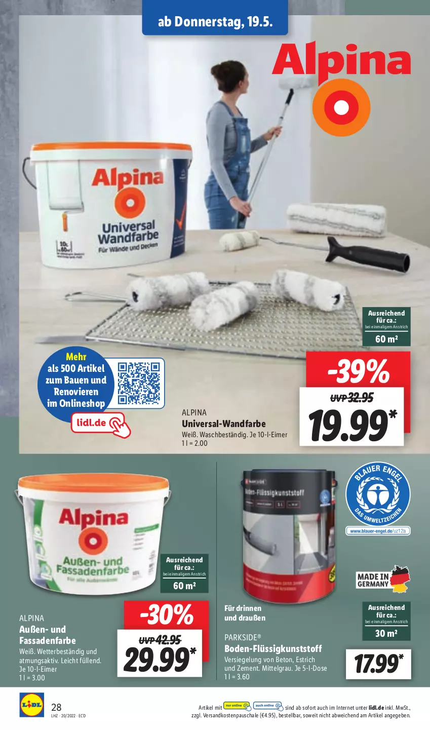 Aktueller Prospekt Lidl - Aktionsprospekt - von 16.05 bis 21.05.2022 - strona 32 - produkty: alpina, Bau, eimer, fassadenfarbe, LG, ndk, Parkside, Schal, Schale, Ti, Zement