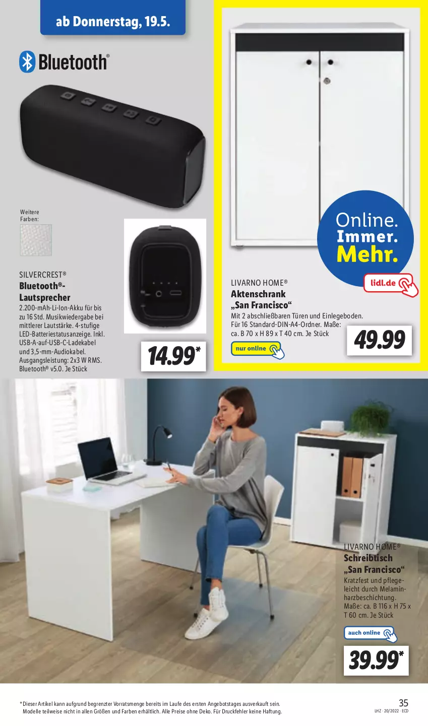 Aktueller Prospekt Lidl - Aktionsprospekt - von 16.05 bis 21.05.2022 - strona 39 - produkty: akku, Aktenschrank, angebot, batterie, deka, dell, eis, elle, ladekabel, lautsprecher, li-ion-akku, Mode, ordner, reis, Schrank, schreibtisch, silvercrest, Ti, tisch, usb, ZTE