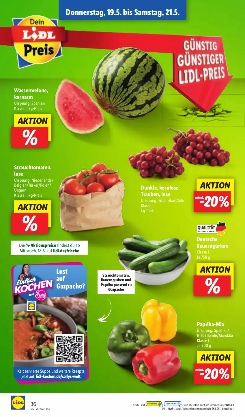 Aktueller Prospekt Lidl - Aktionsprospekt - von 16.05 bis 21.05.2022 - strona 40 - produkty: aktionspreis, auer, Bau, Bauer, eis, gurke, gurken, LG, melone, ndk, paprika, Rauch, reis, rezept, rezepte, Schal, Schale, strauchtomaten, suppe, Ti, tomate, tomaten, trauben, wasser, wassermelone